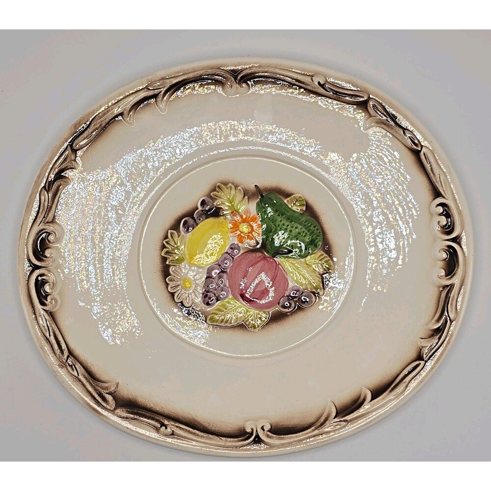 Vintage Mid Century Ceramic Fruit Plate Majolica Style Embossed Rim Japan 1960